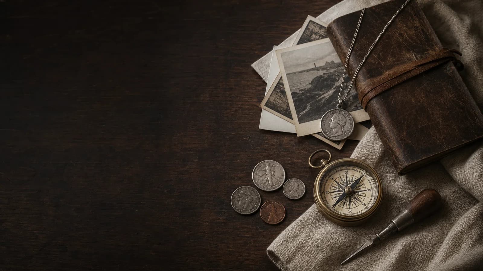 A curated arrangement of a coin necklace, postcards, compass, coins, and an antique tool