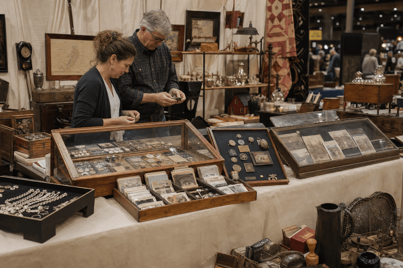 A family examining collectibles at a carefully arranged antique show booth