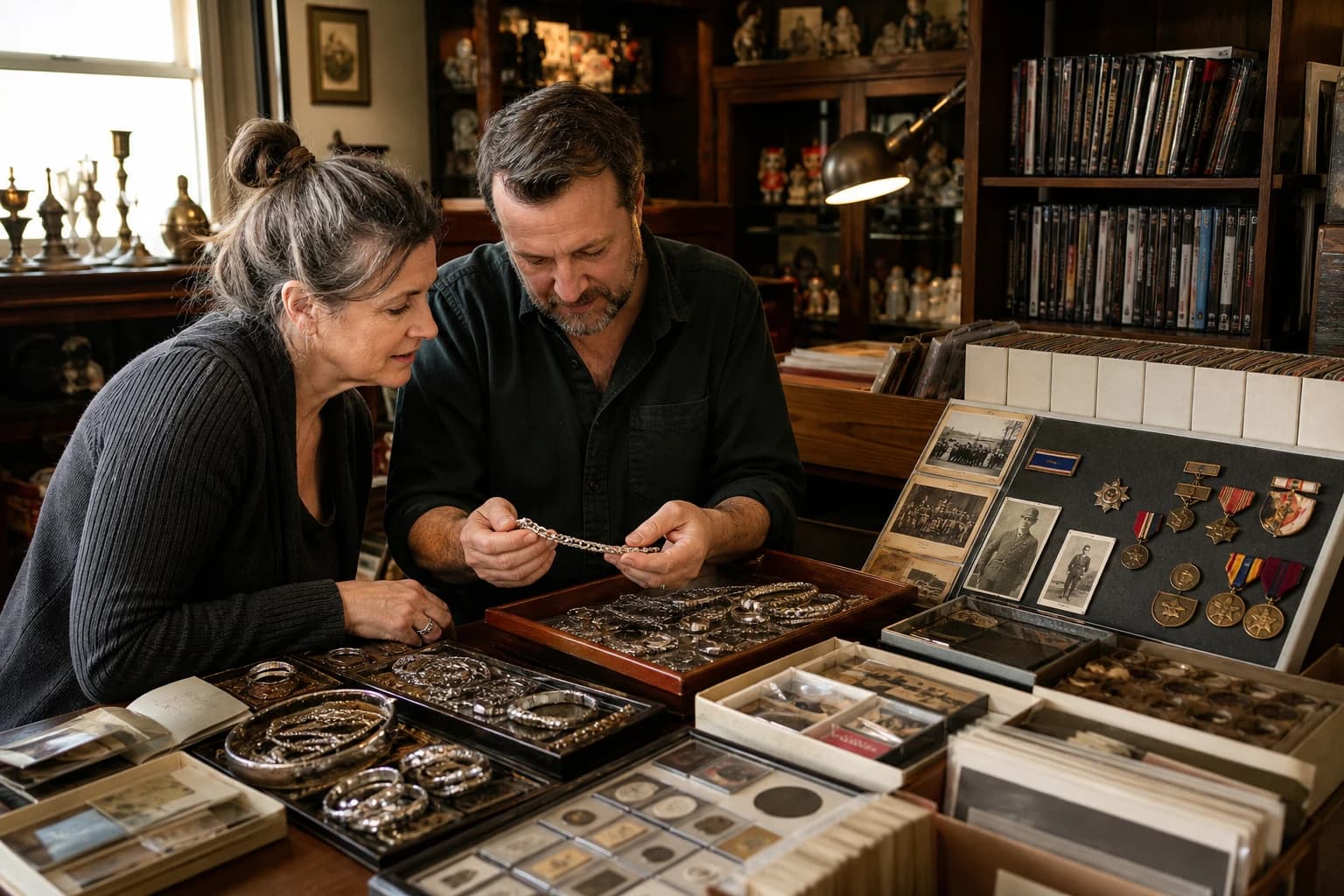 Two family collectors examining sterling jewelry among DVDs, coins, paper collectibles, and military memorabilia