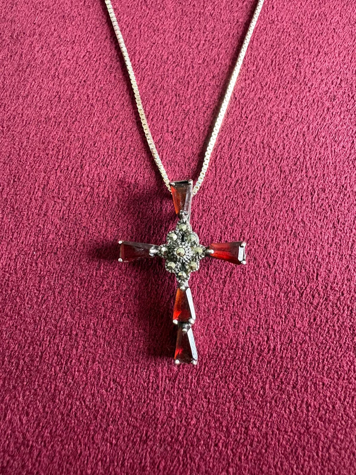 Vintage Red Stone and Marcasite Cross Pendant Necklace