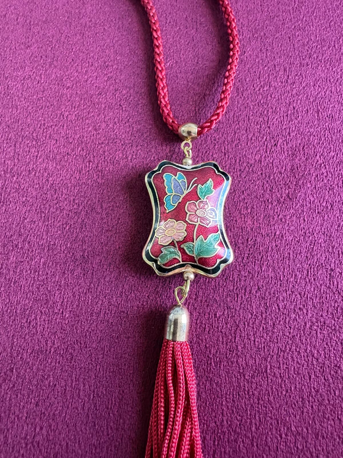 Vintage Floral and Butterfly Cloisonné Pendant Necklace with Tassel