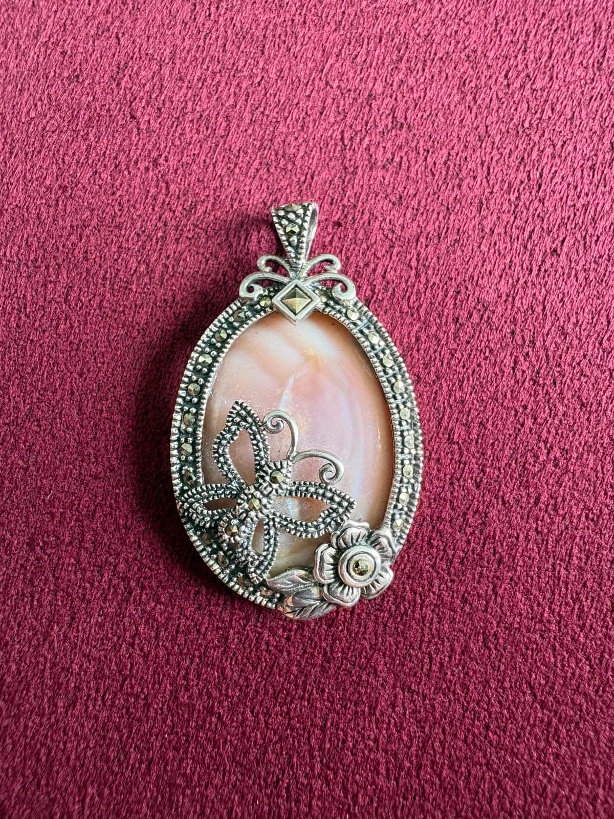 Vintage Silver-Tone Floral Butterfly Pendant with Pink Agate